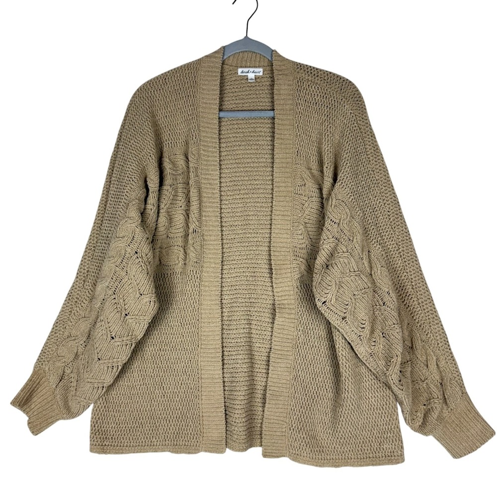 Derek Heart Cardigan Sweater Womens Large‎ Tan Chunky Knit Balloon Sleeve Winter